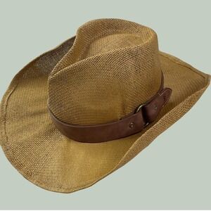 Frye Western Straw Cowboy Hat Tan Paper Sun‎ Hat Faux Leather Band O-Ring OSFM